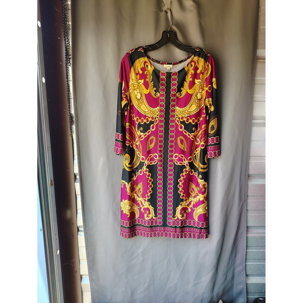 Haani Womens Baroque Scarf Print Shift Dress Magenta Gold Black 3/4 Sleeve‎ L